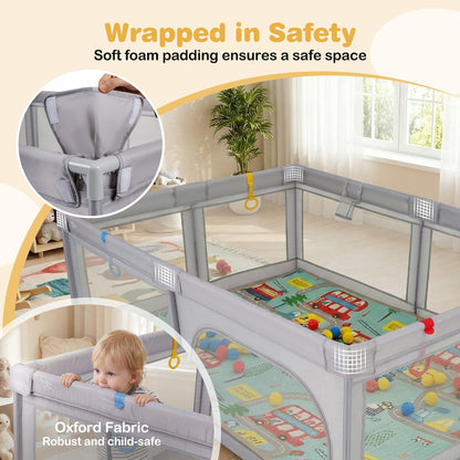 Grey Baby Playpen | Extra Large with Foldable XPE Mat & Mesh