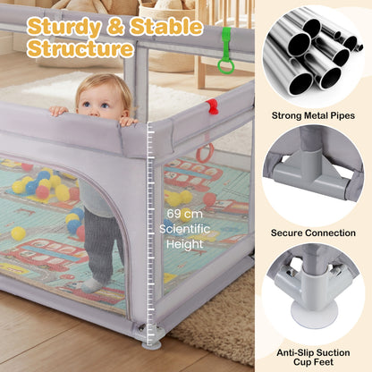 Grey Baby Playpen | Extra Large with Foldable XPE Mat & Mesh