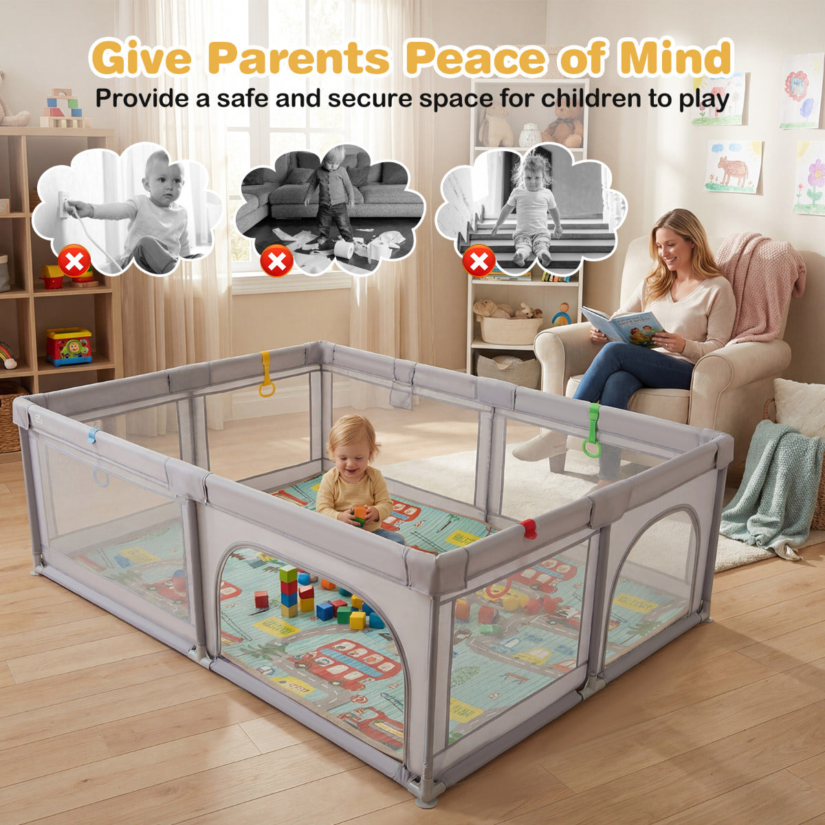 Grey Baby Playpen | Extra Large with Foldable XPE Mat & Mesh