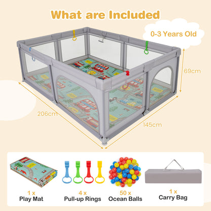 Grey Baby Playpen | Extra Large with Foldable XPE Mat & Mesh