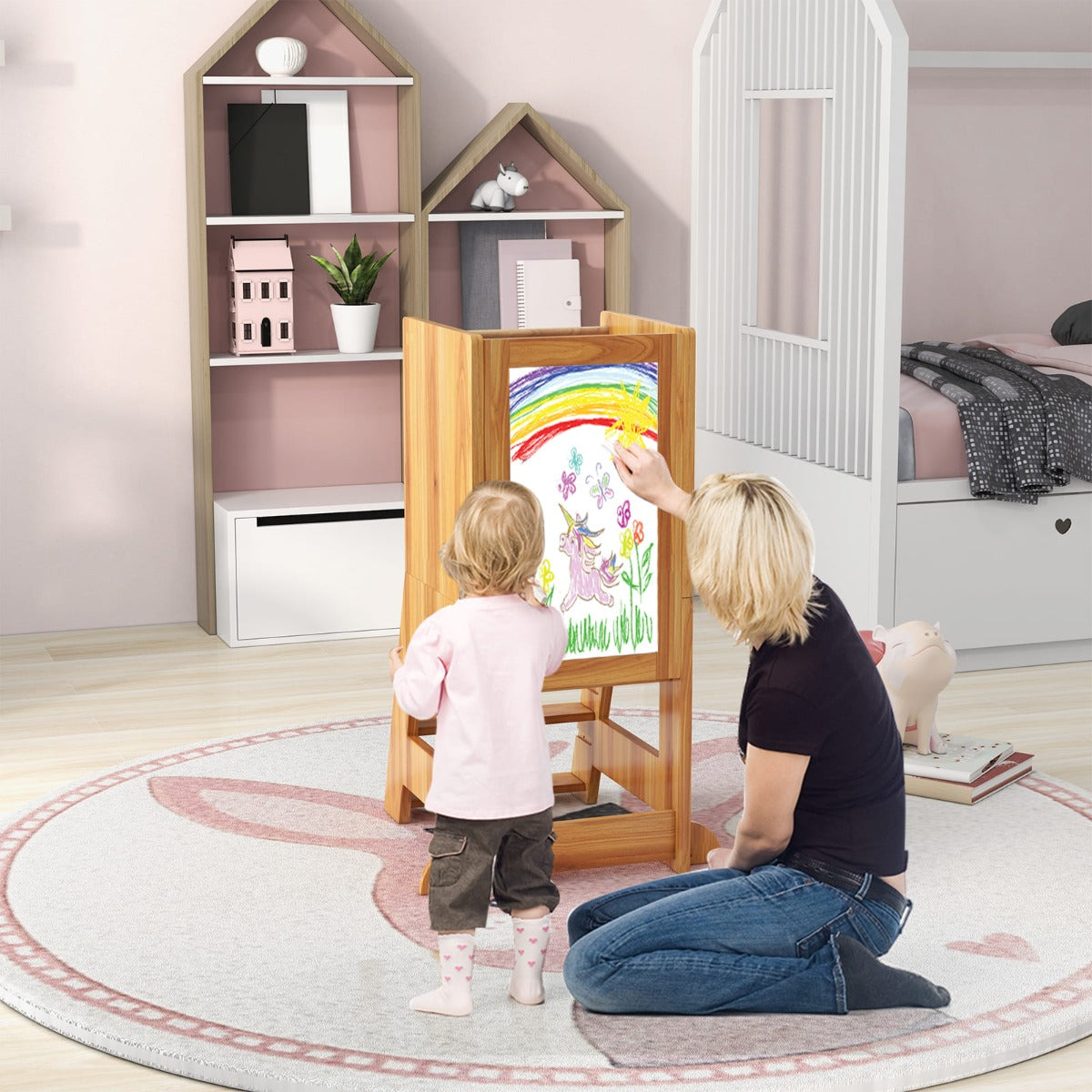 Costway 2-in-1 Baby Standing Tower with 3 water-based pens and Adjustable Footstep-Natural