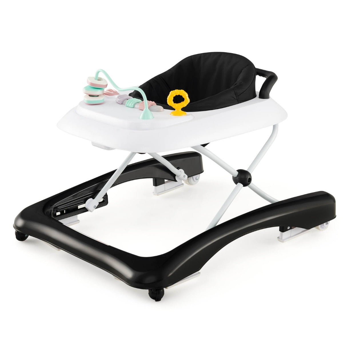 Foldable 3-in-1 baby walker with push handle and activity center for boys and girls.