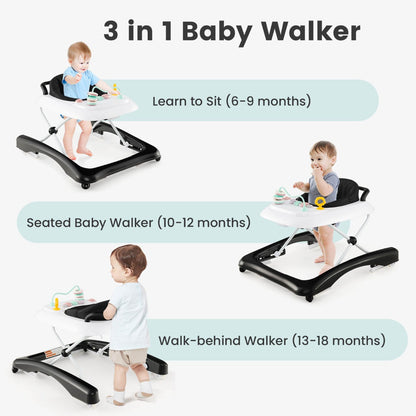 Adjustable 3-in-1 baby walker with activity center, push handle and foldable design for toddlers.