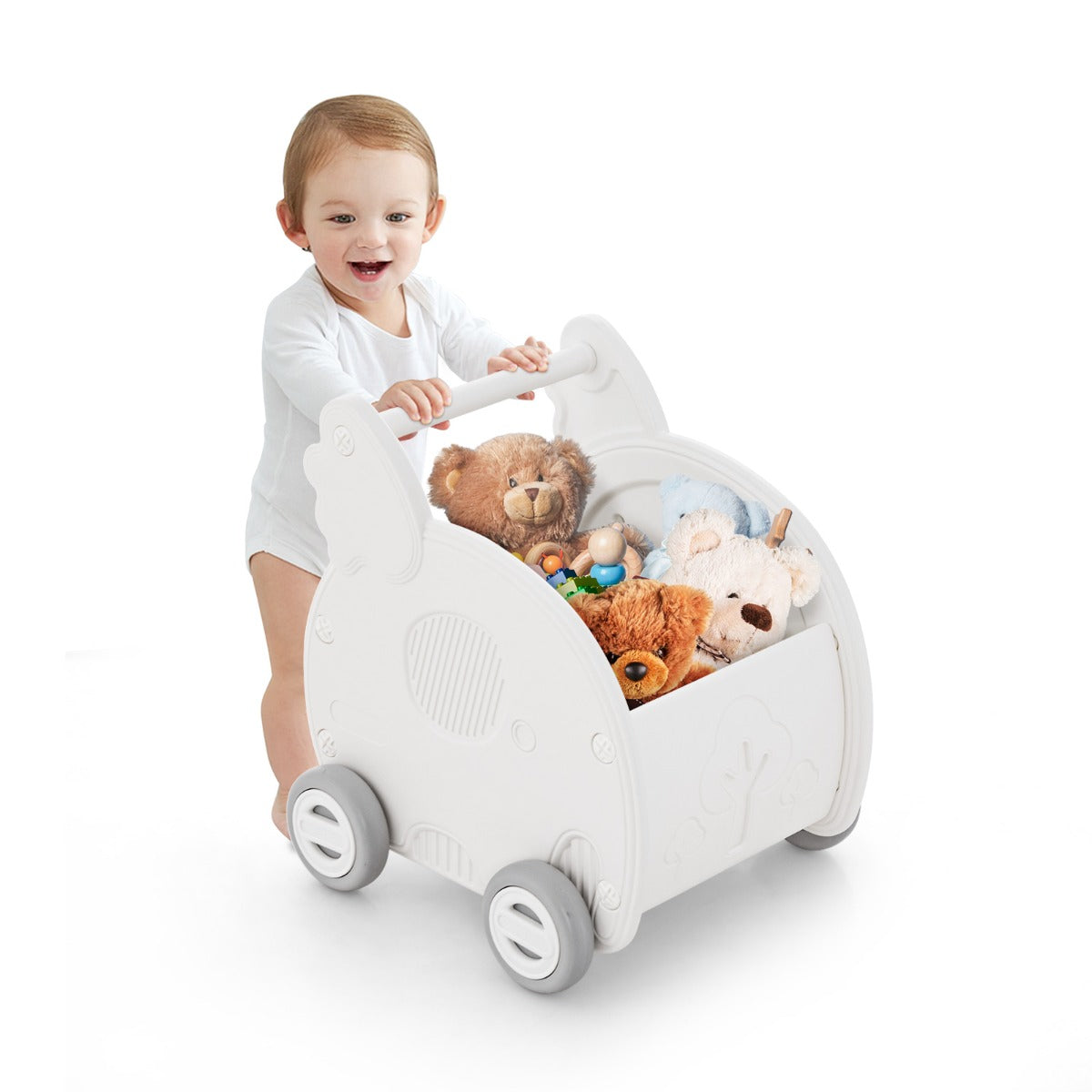 White elephant-shaped baby walker and shopping cart toy for toddlers, promoting balance and coordination.