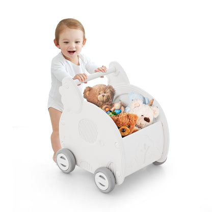 White elephant-shaped baby walker and shopping cart toy for toddlers, promoting balance and coordination.