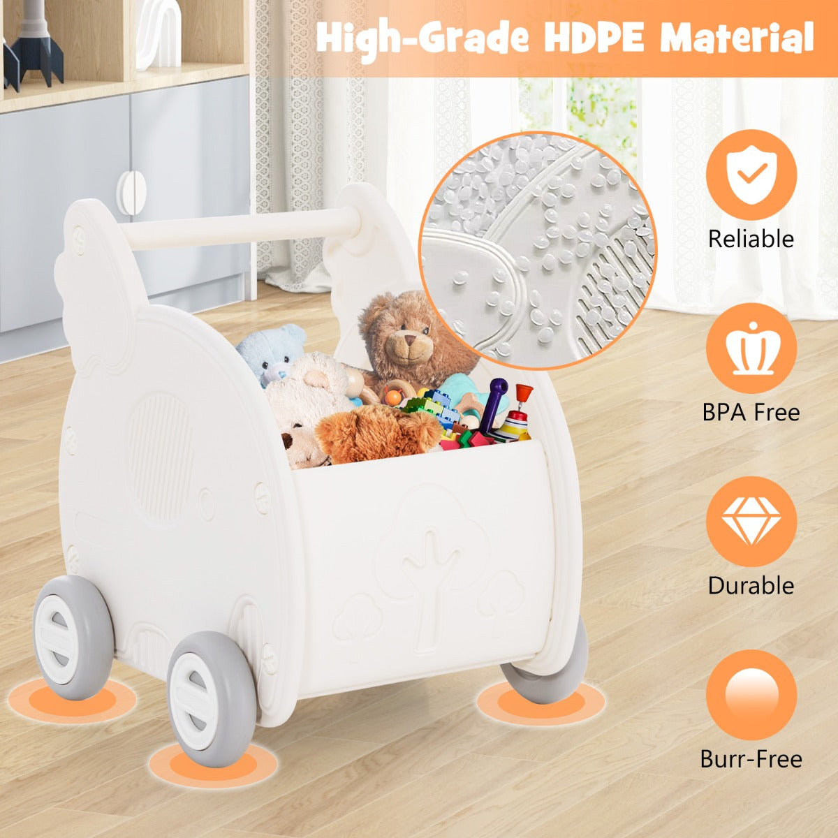 White elephant-shaped baby walker and shopping cart push toy for toddlers at home.