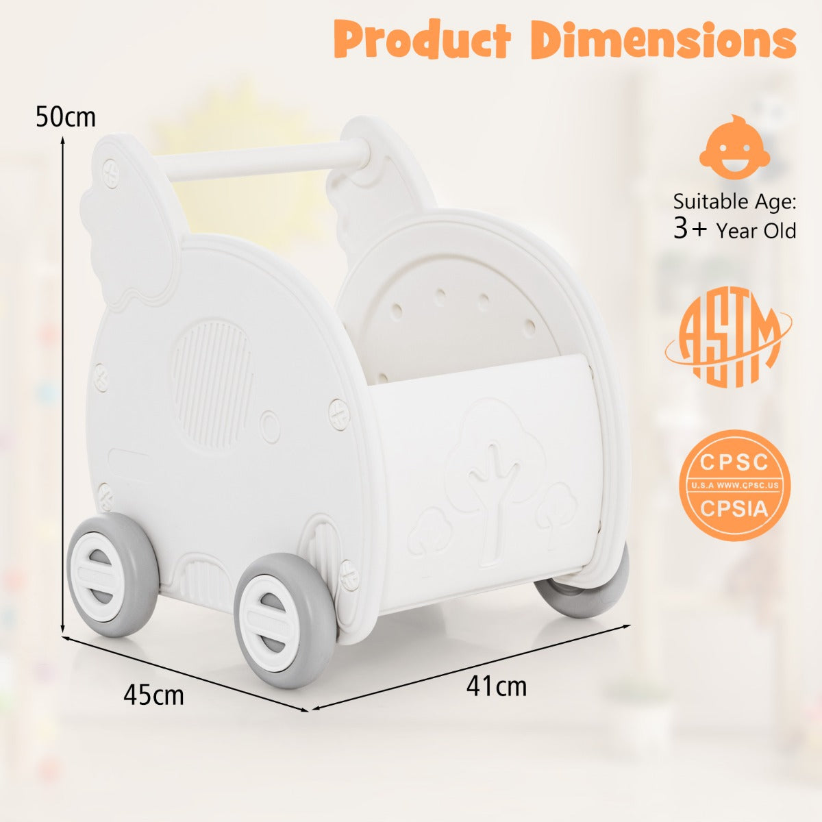 Elephant baby walker and shopping cart toy - White, perfect for toddlers independent play