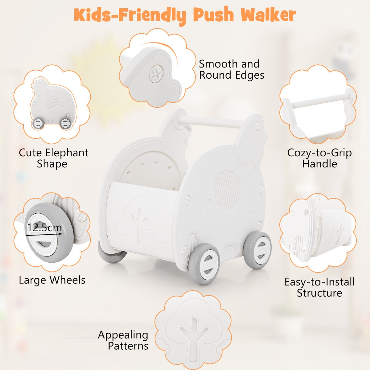 White elephant-shaped baby walker and shopping cart push toy for toddlers at home.