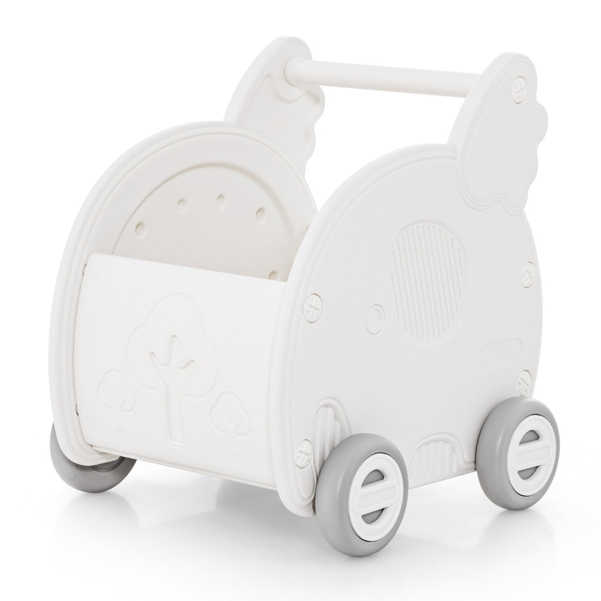 White elephant-shaped walker and shopping cart push toy for toddlers developmental play.