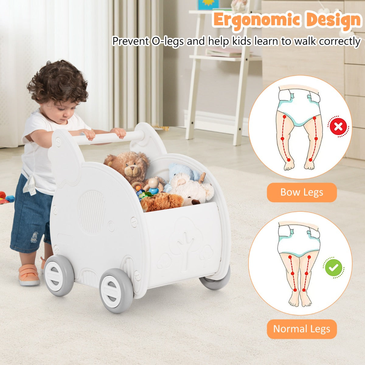 White elephant-shaped baby walker and shopping cart push toy for toddlers at home.