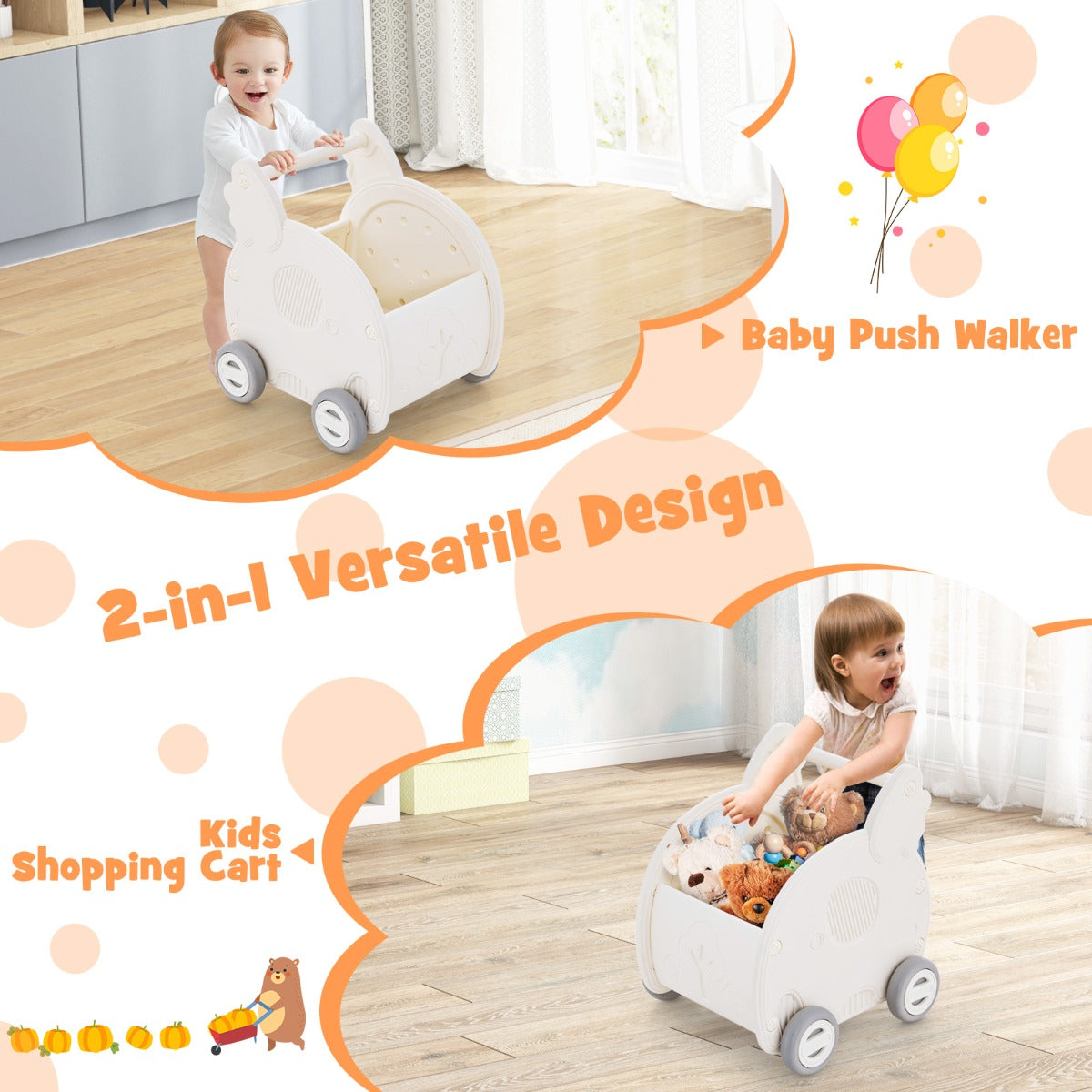 White elephant-shaped baby walker and shopping cart toy for toddlers at home.