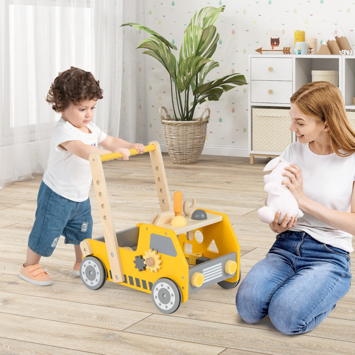 Costway 2-in-1 Wooden Baby Walker with Adjustable Speed and Bottom Storage-Yellow