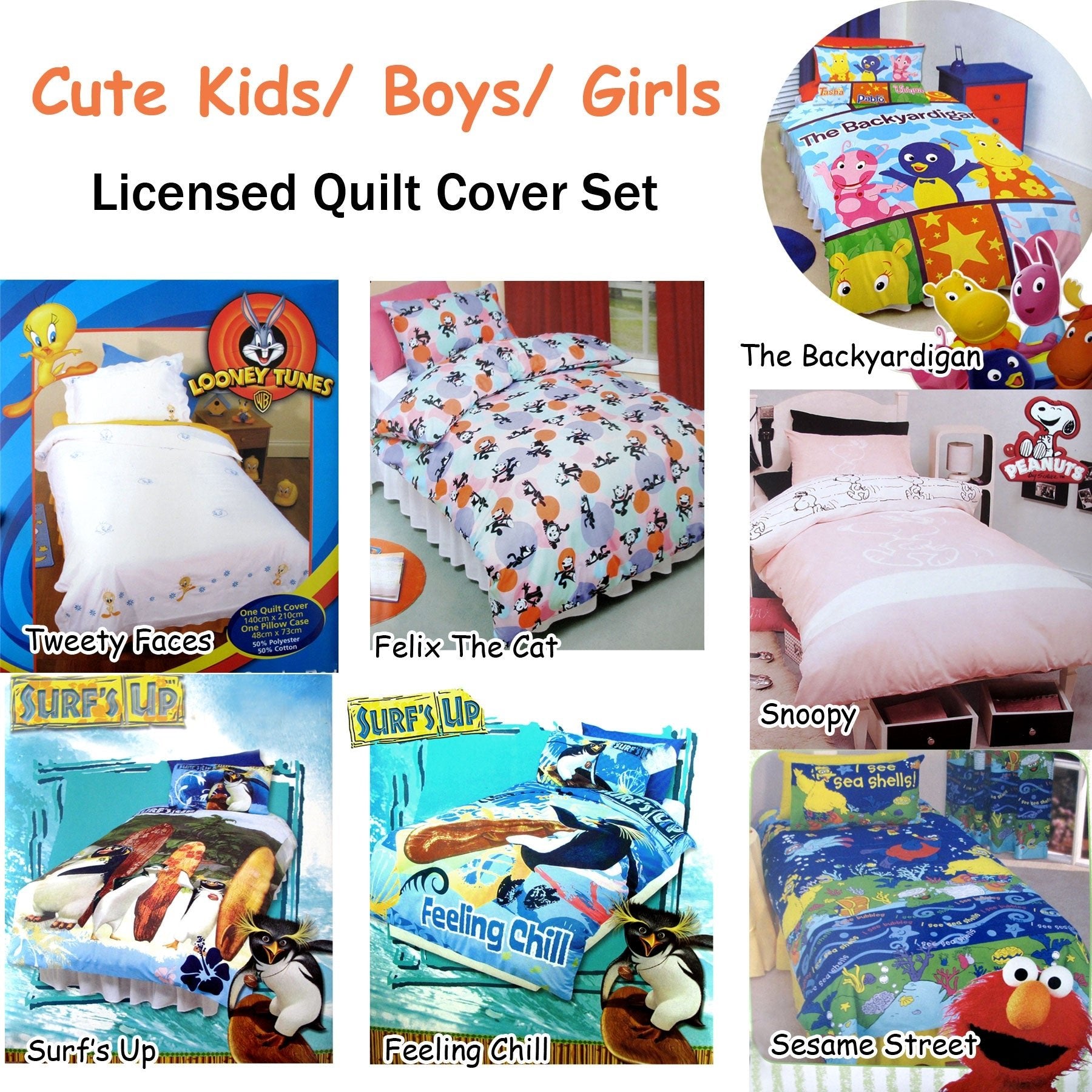 Colorful Backyardigan Kids Quilt Cover Set with cartoon characters for playful bedroom decor.