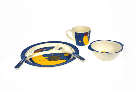 Colorful Bamboozoo Dinnerware Set featuring bear and rabbit designs for playful childrens dining.