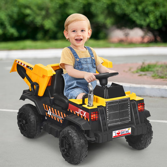 Yellow Electric Ride-On Dump Truck for kids with remote control for safe and fun play.