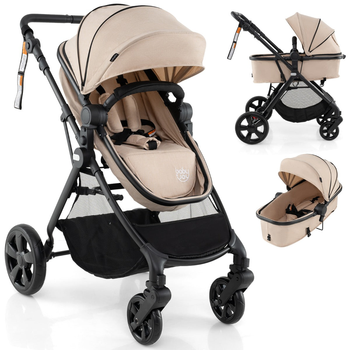 Foldable beige infant stroller with adjustable canopy, perfect for home use and travel.