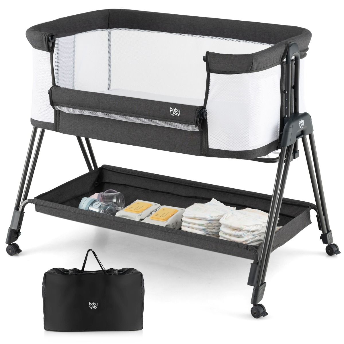 Versatile baby bedside sleeper crib with 7 adjustable heights for safe and convenient sleep.