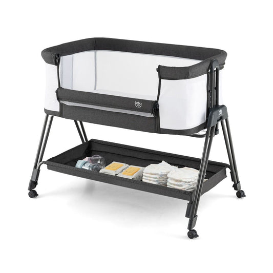 7-height adjustable baby bedside sleeper crib for convenient and safe sleeping at home.