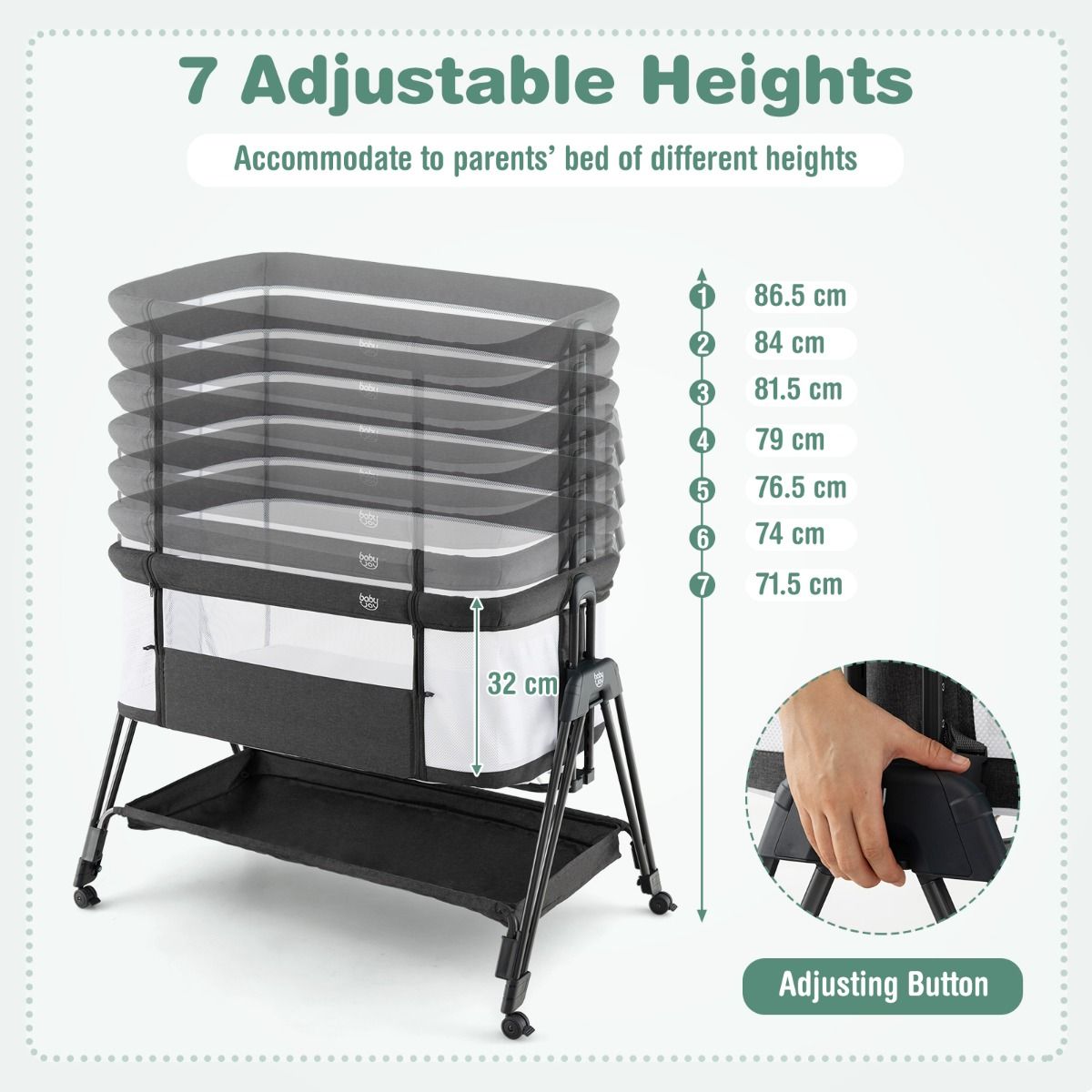 Versatile 7-height portable baby bedside crib for safe and cozy sleeping. Essential for new parents.