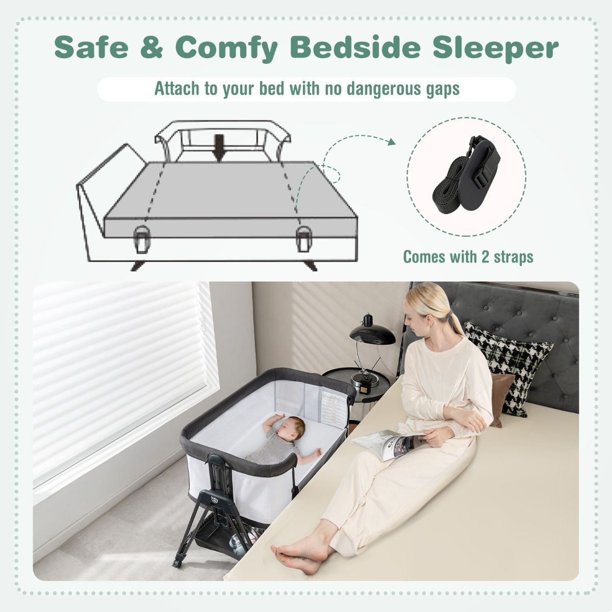 Portable baby bedside sleeper crib with 7 adjustable heights for versatile home use.