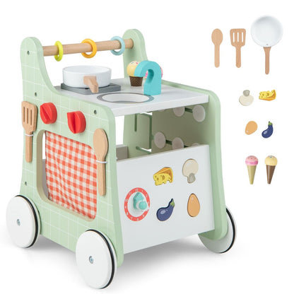 toddler walker combines push-pull mobility with interactive play kitchen for enhanced learning and fun.