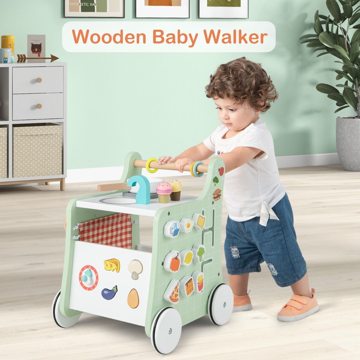 push-pull walker doubles as a play kitchen, encouraging mobility and imaginative play for little ones.