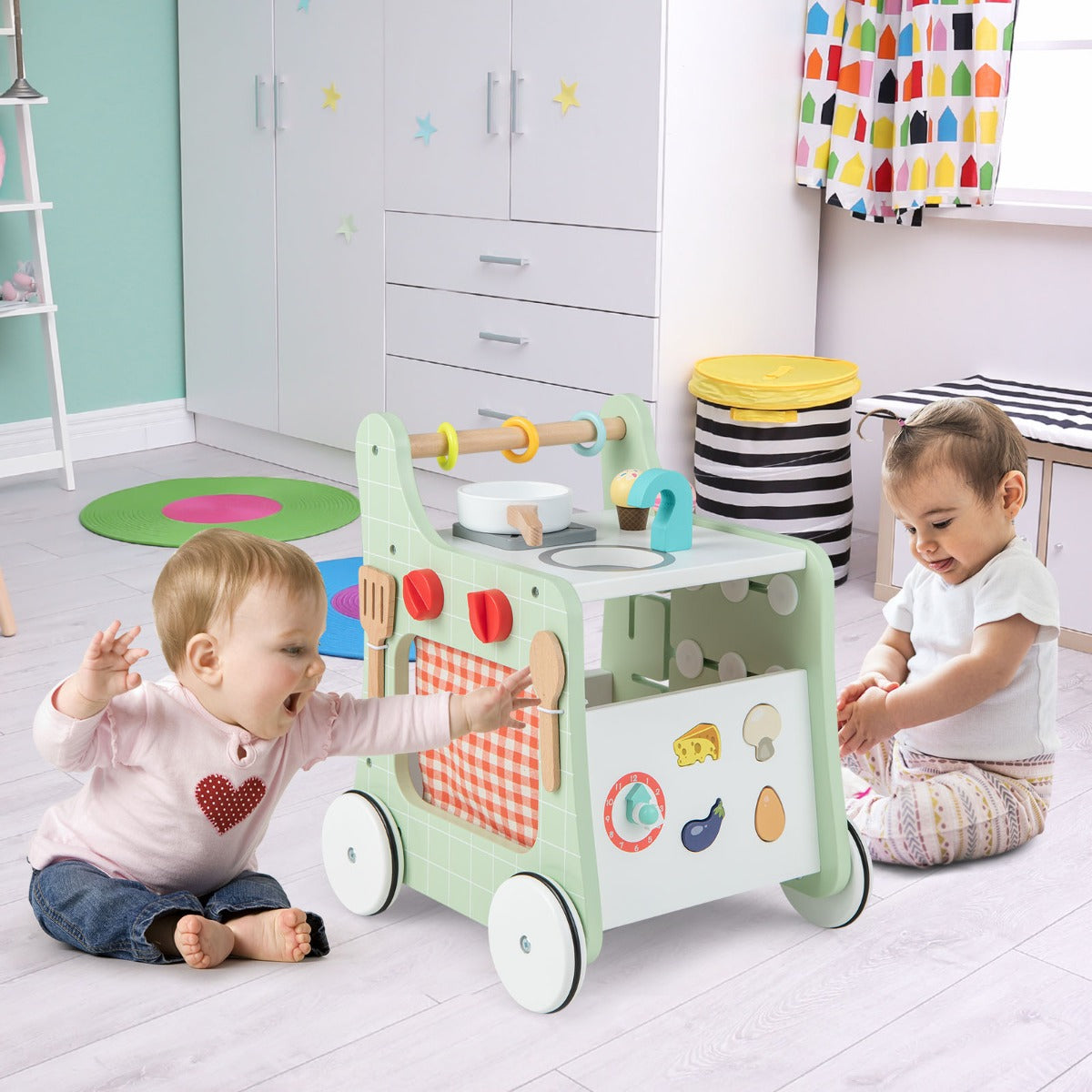 push-pull walker featuring built-in play kitchen encourages imaginative play and supports early walking.