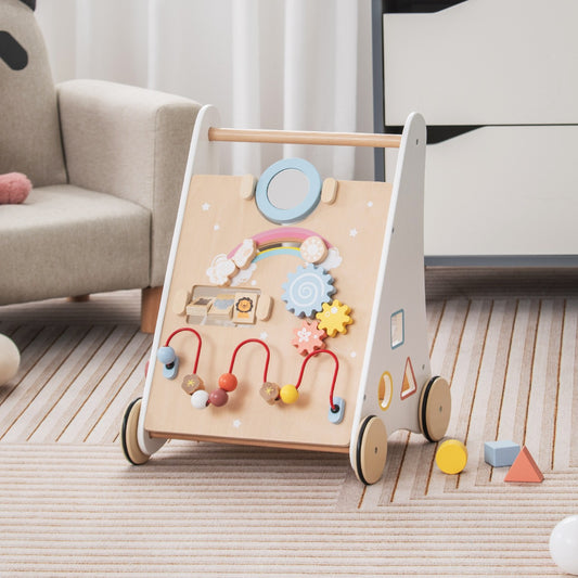 wooden activity walker featuring seven engaging games to promote motor skills and early learning development.