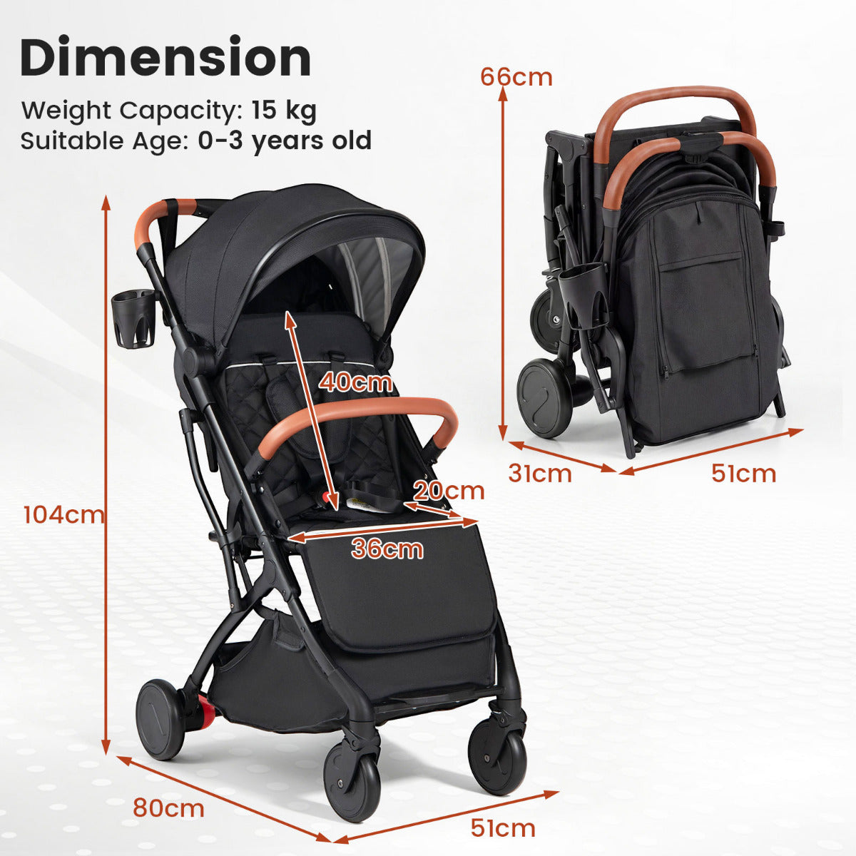 Black Lightweight Baby Stroller | Adjustable Backrest & Footmuff