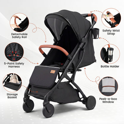 Black Lightweight Baby Stroller | Adjustable Backrest & Footmuff