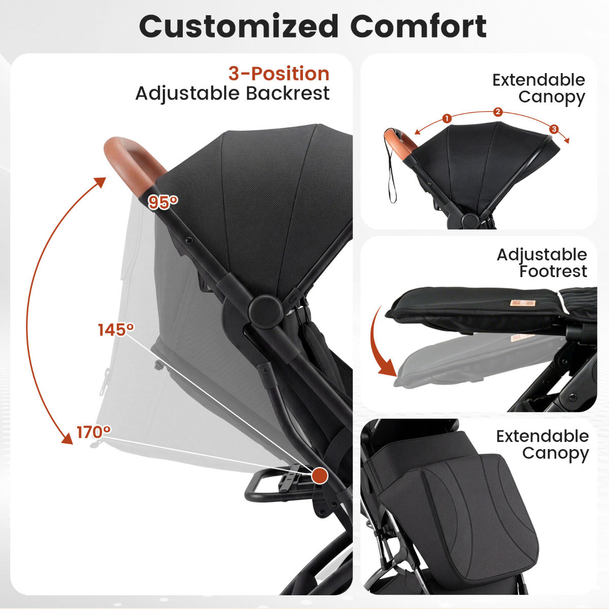 Black Lightweight Baby Stroller | Adjustable Backrest & Footmuff