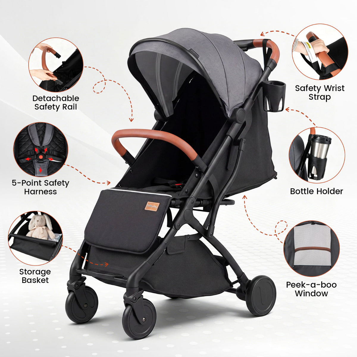 Grey Baby Stroller | Lightweight One-Hand Fold with Footmuff