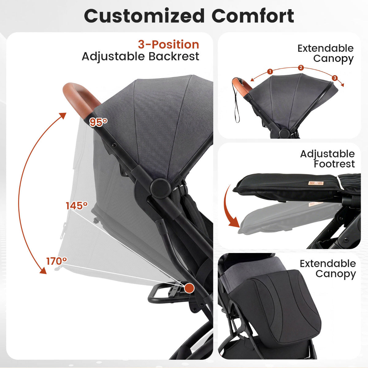 Grey Baby Stroller | Lightweight One-Hand Fold with Footmuff