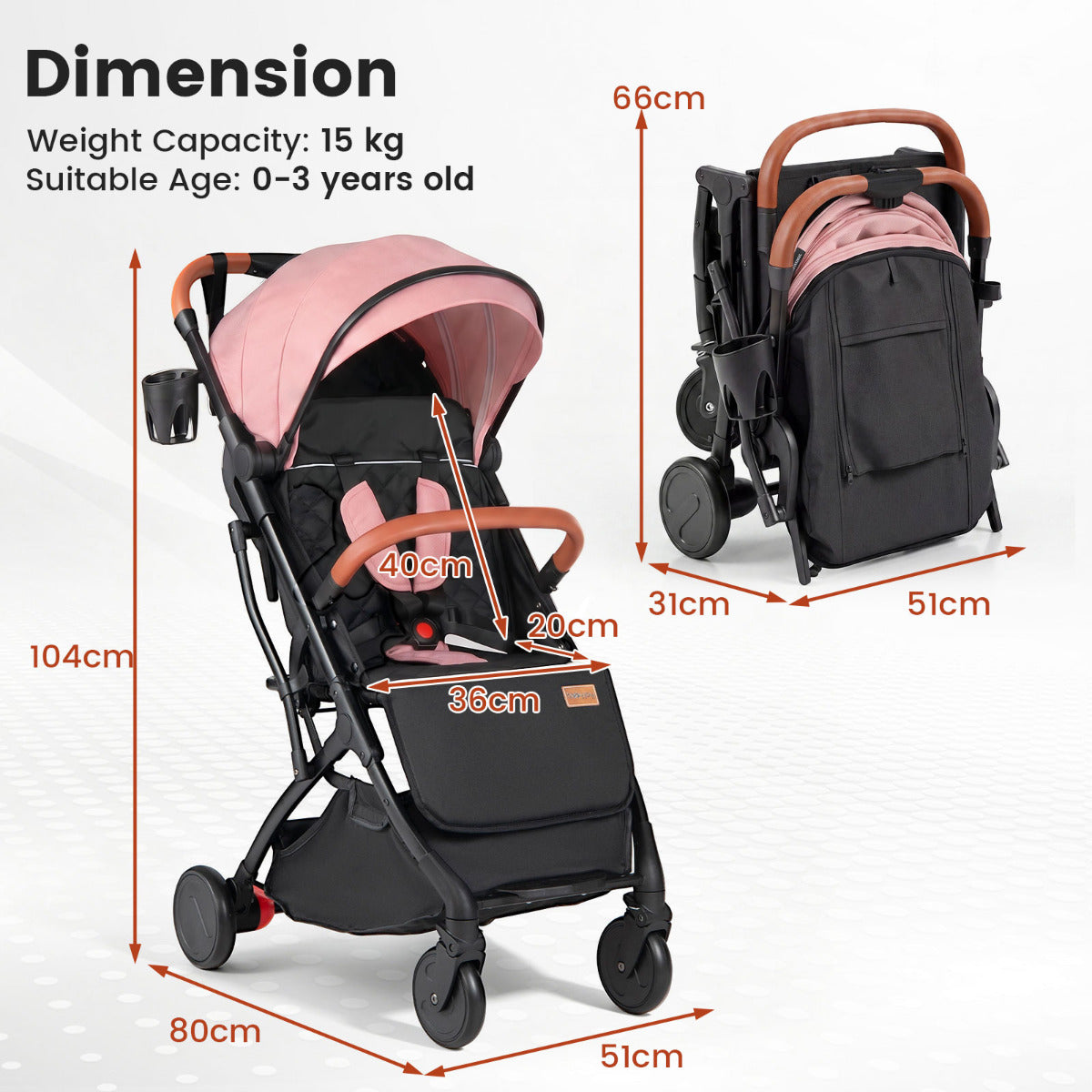 Pink Lightweight Baby Stroller | Adjustable Backrest & Footmuff