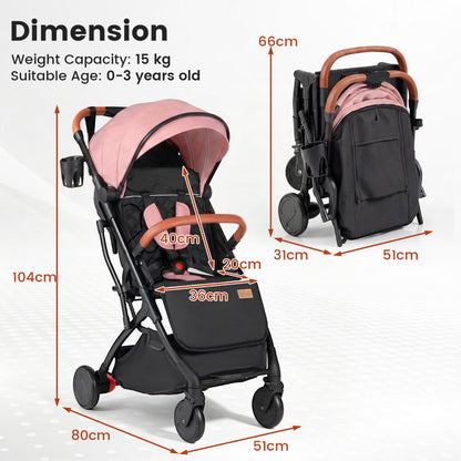 Pink Lightweight Baby Stroller | Adjustable Backrest & Footmuff