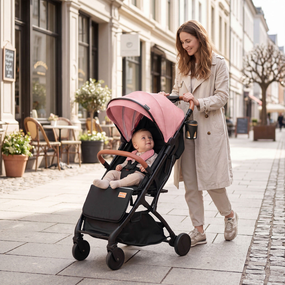 Pink Lightweight Baby Stroller | Adjustable Backrest & Footmuff