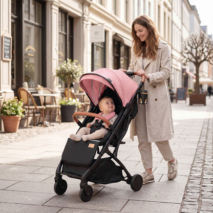 Pink Lightweight Baby Stroller | Adjustable Backrest & Footmuff