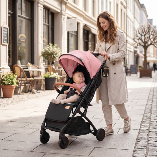 Pink Lightweight Baby Stroller | Adjustable Backrest & Footmuff
