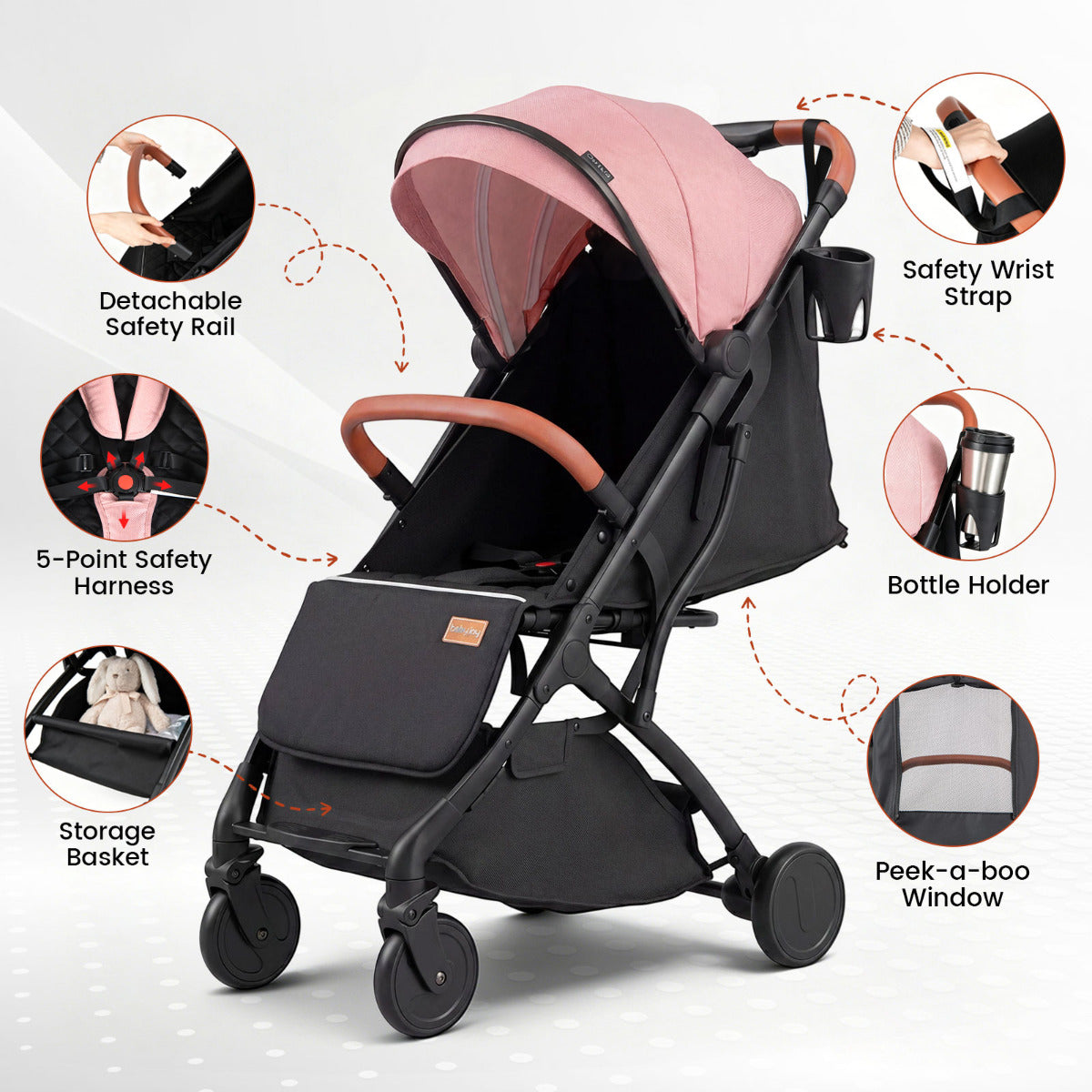 Pink Lightweight Baby Stroller | Adjustable Backrest & Footmuff