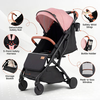 Pink Lightweight Baby Stroller | Adjustable Backrest & Footmuff