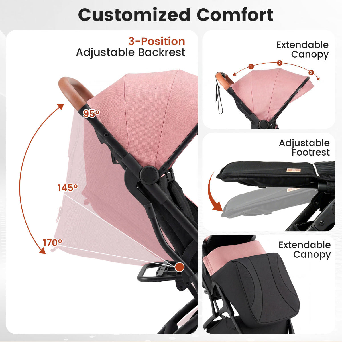 Pink Lightweight Baby Stroller | Adjustable Backrest & Footmuff