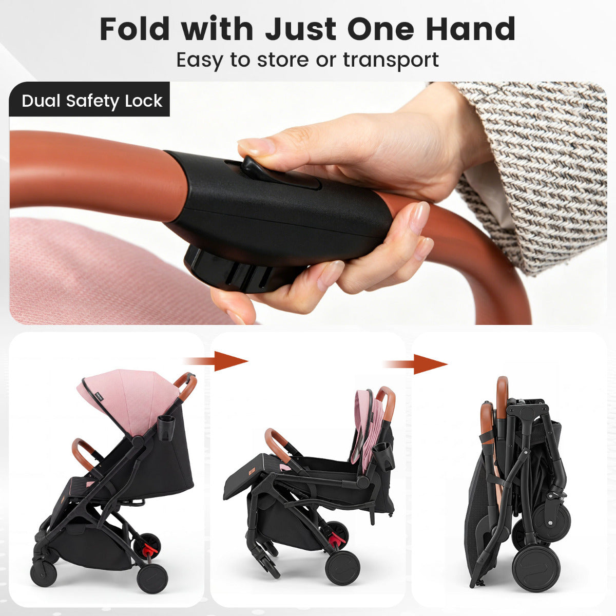 Pink Lightweight Baby Stroller | Adjustable Backrest & Footmuff