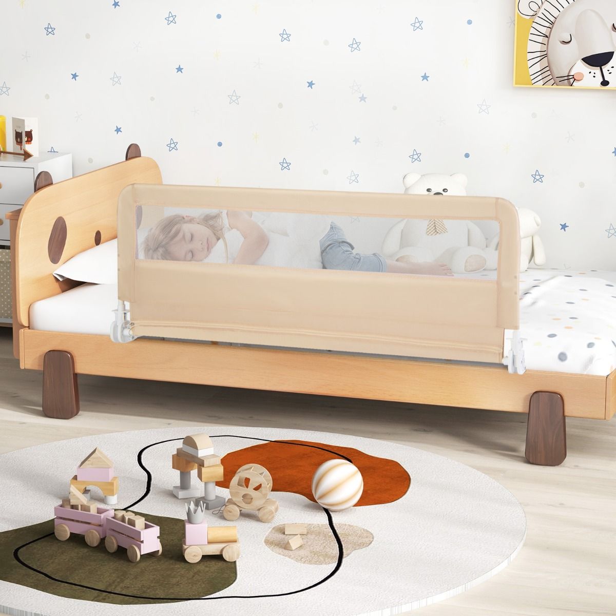 Adjustable Toddler Bed Rail with Mesh Guard | Beige Safety