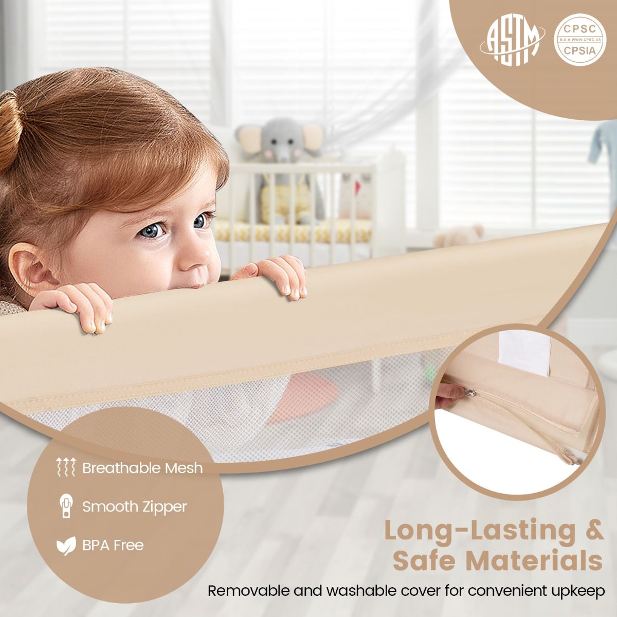 Adjustable Toddler Bed Rail with Mesh Guard | Beige Safety