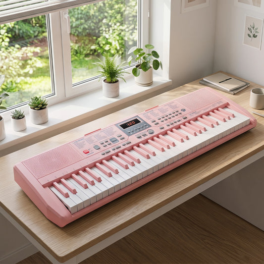 Costway 61 Keys Beginners Piano Keyboard with Adjustable Stand and Stool-Pink