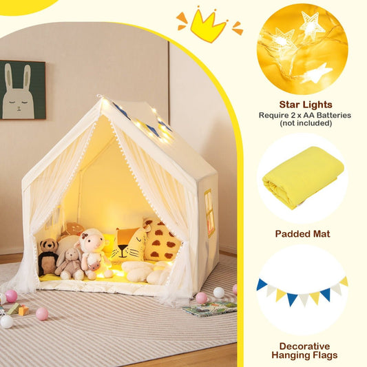 Kids play tent with lights and mat for indoor adventures, creating a cozy play space.