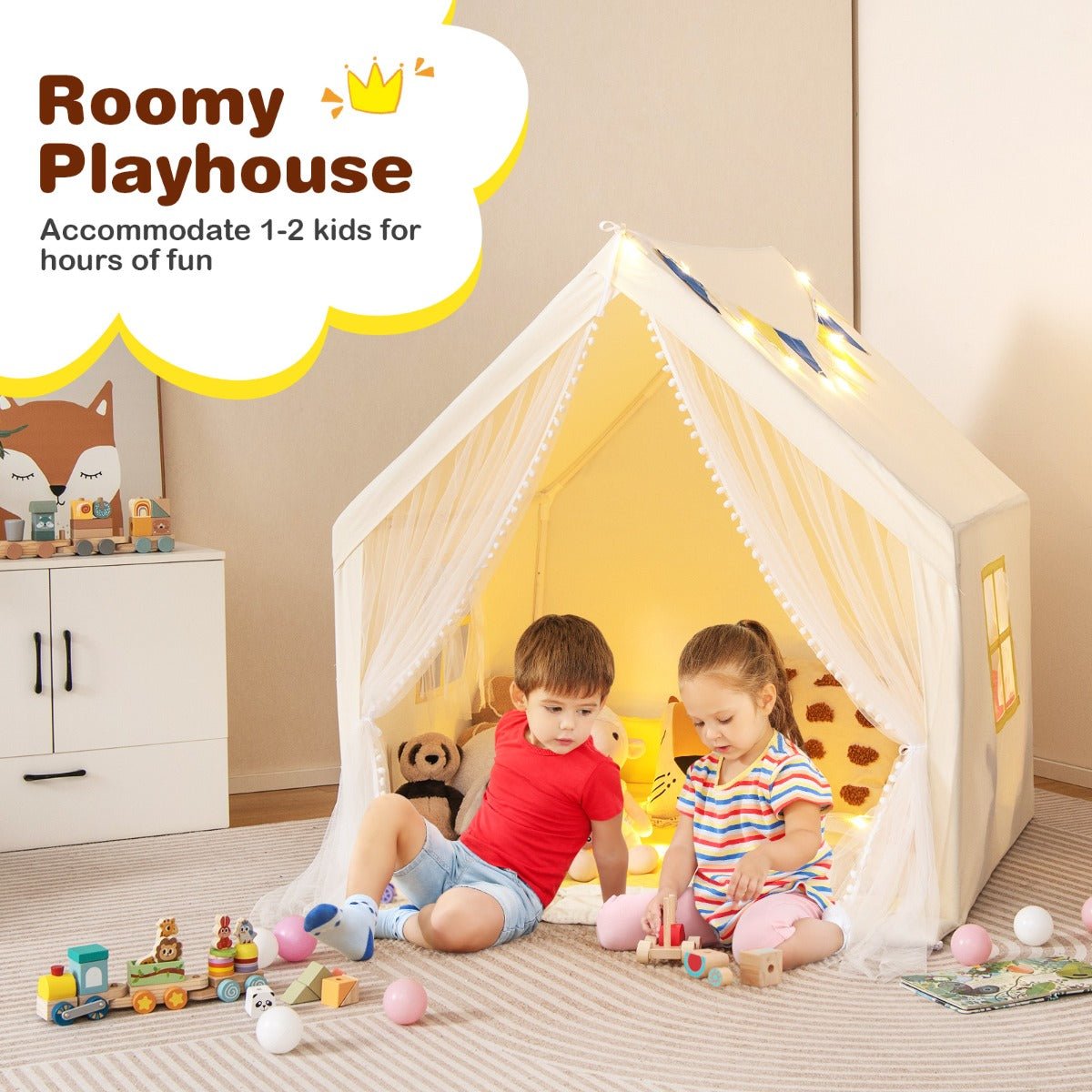 Beige Kids Play Tent with Cotton Mat and Star Lights - Kids Mega Mart