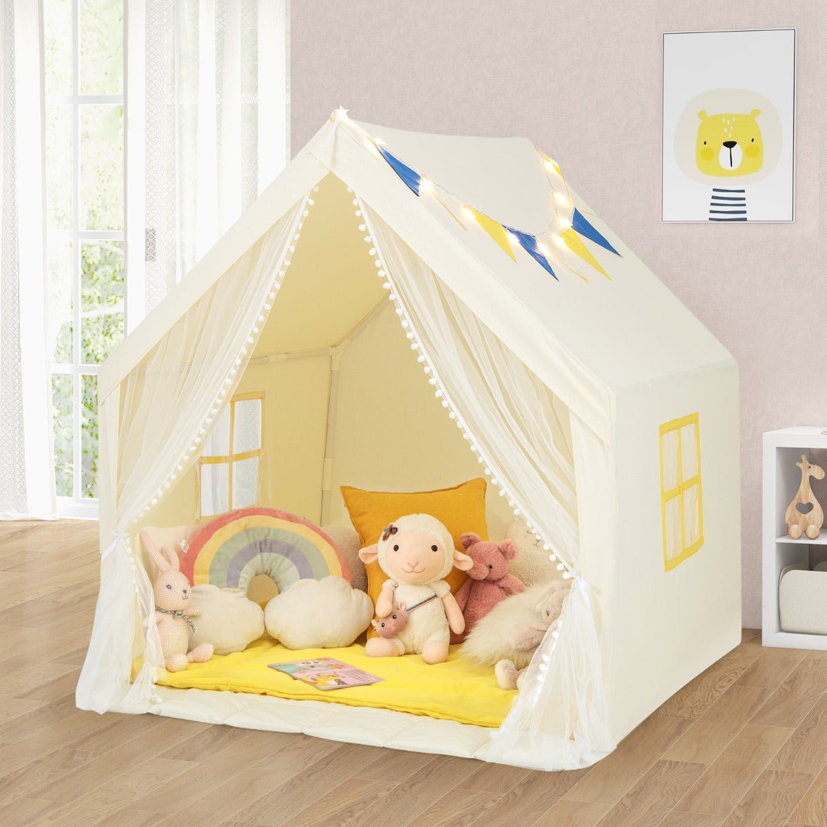 Beige Kids Play Tent with Cotton Mat and Star Lights - Kids Mega Mart