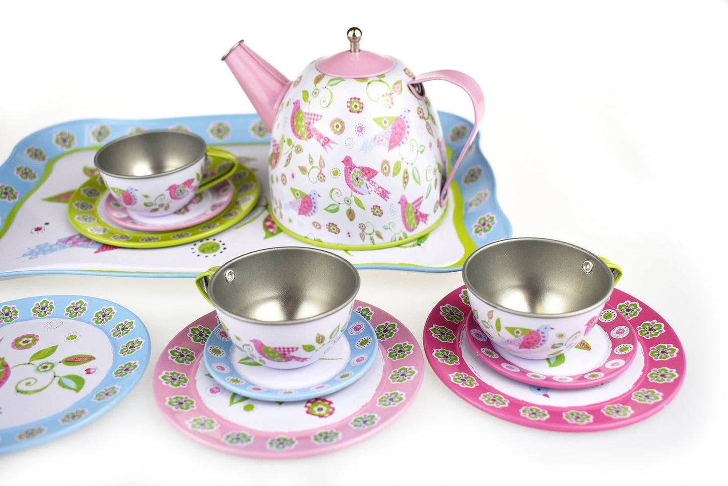 Colorful Bird Tin Tea Set Suitcase, perfect for kids imaginative play at home.