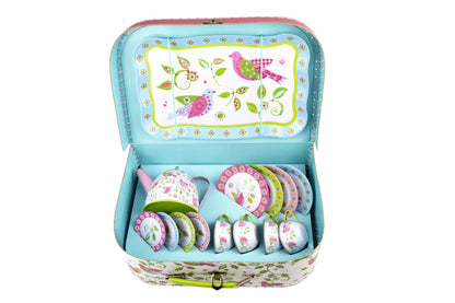 Colorful bird tin tea set in suitcase - perfect for imaginative play in kids home.